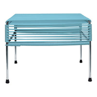 Light blue metal table with a sleek, horizontal slatted design and chrome legs, perfect for modern decor.