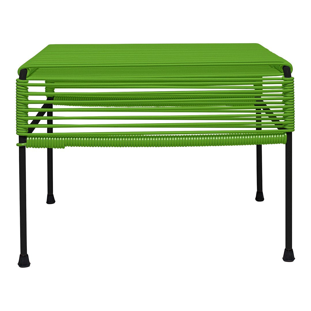 Green metal table with sleek horizontal lines and black legs, perfect for modern decor.