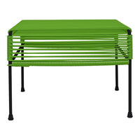 Green metal table with sleek horizontal lines and black legs, perfect for modern decor.