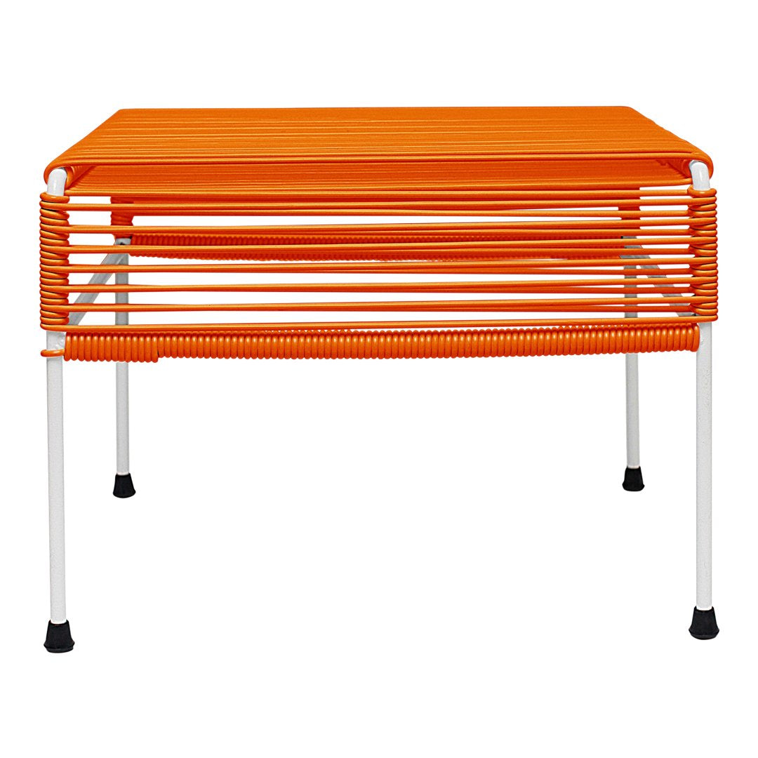 Bright orange striped table with white legs, featuring a modern design and playful color pattern. Perfect for vibrant decor.