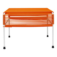 Bright orange striped table with white legs, featuring a modern design and playful color pattern. Perfect for vibrant decor.