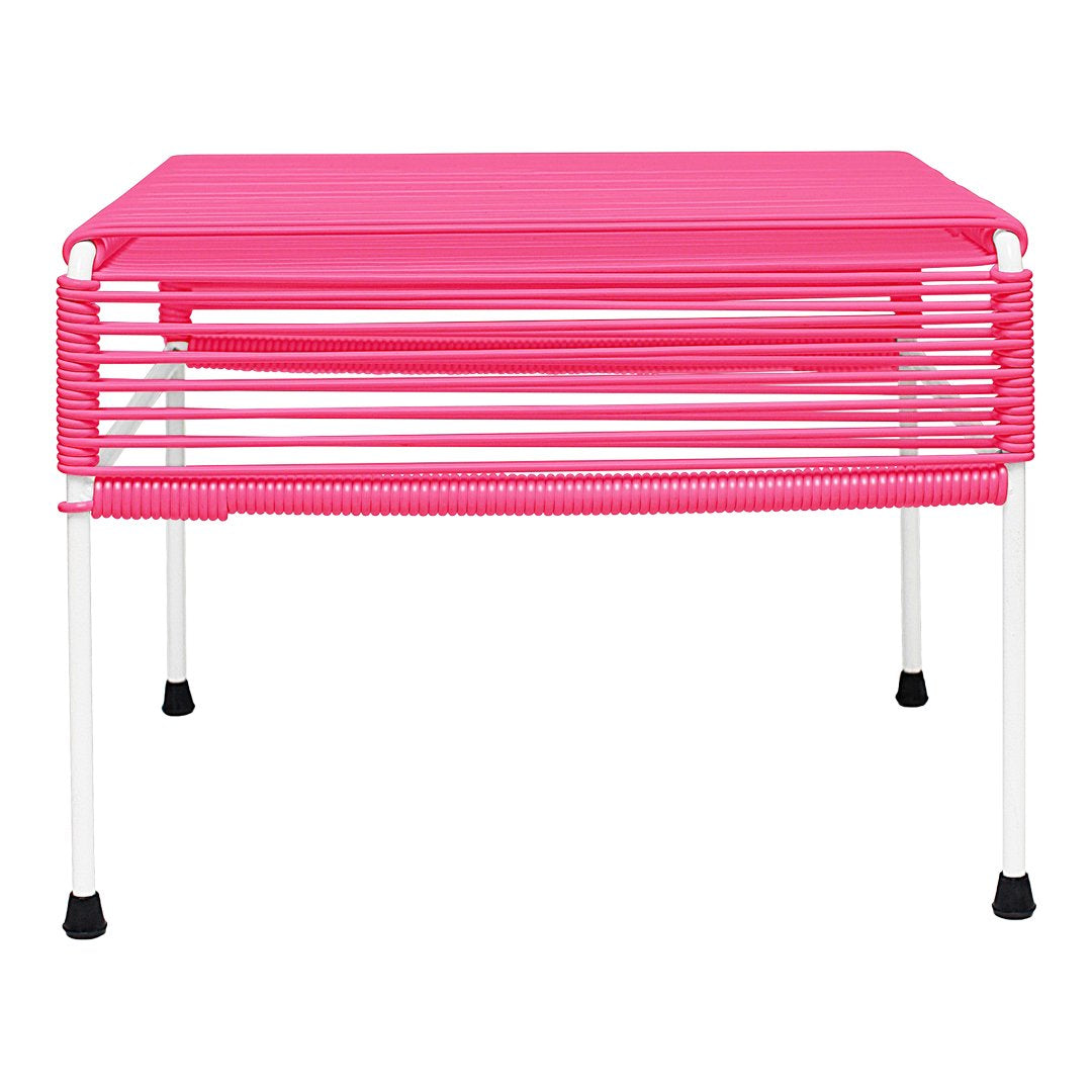 Bright pink multi-slat table with sleek white legs and non-slip black feet, perfect for playful decor.
