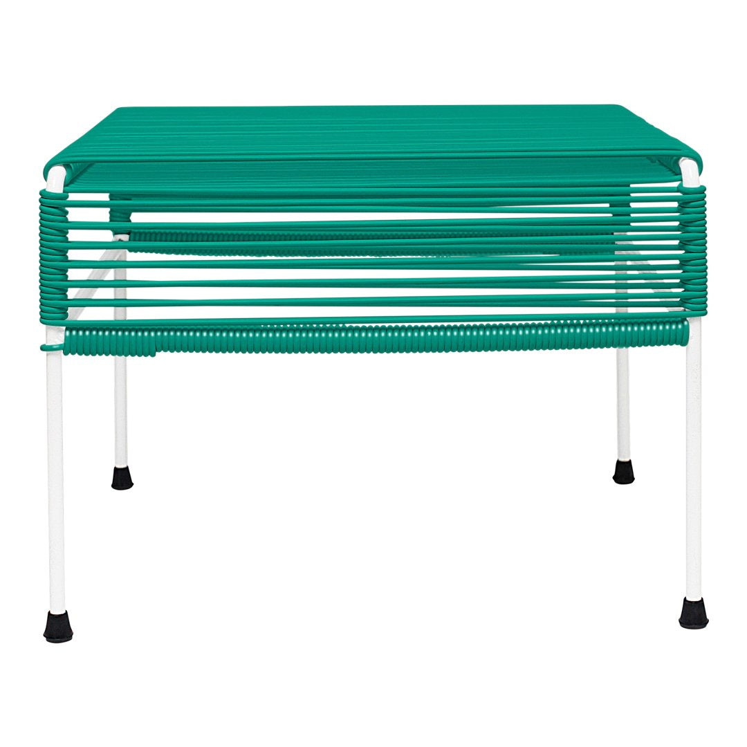 Teal striped table with white legs and black footings, featuring a modern, minimalist design. Perfect for outdoor use.
