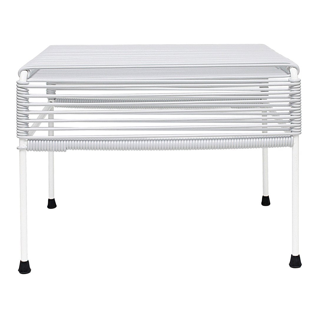 White metal table with sleek horizontal lines and minimalist design, featuring black foot caps for stability.