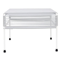 White metal table with sleek horizontal lines and minimalist design, featuring black foot caps for stability.