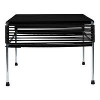 Black wire table with sleek horizontal lines and chrome legs, perfect for modern decor.