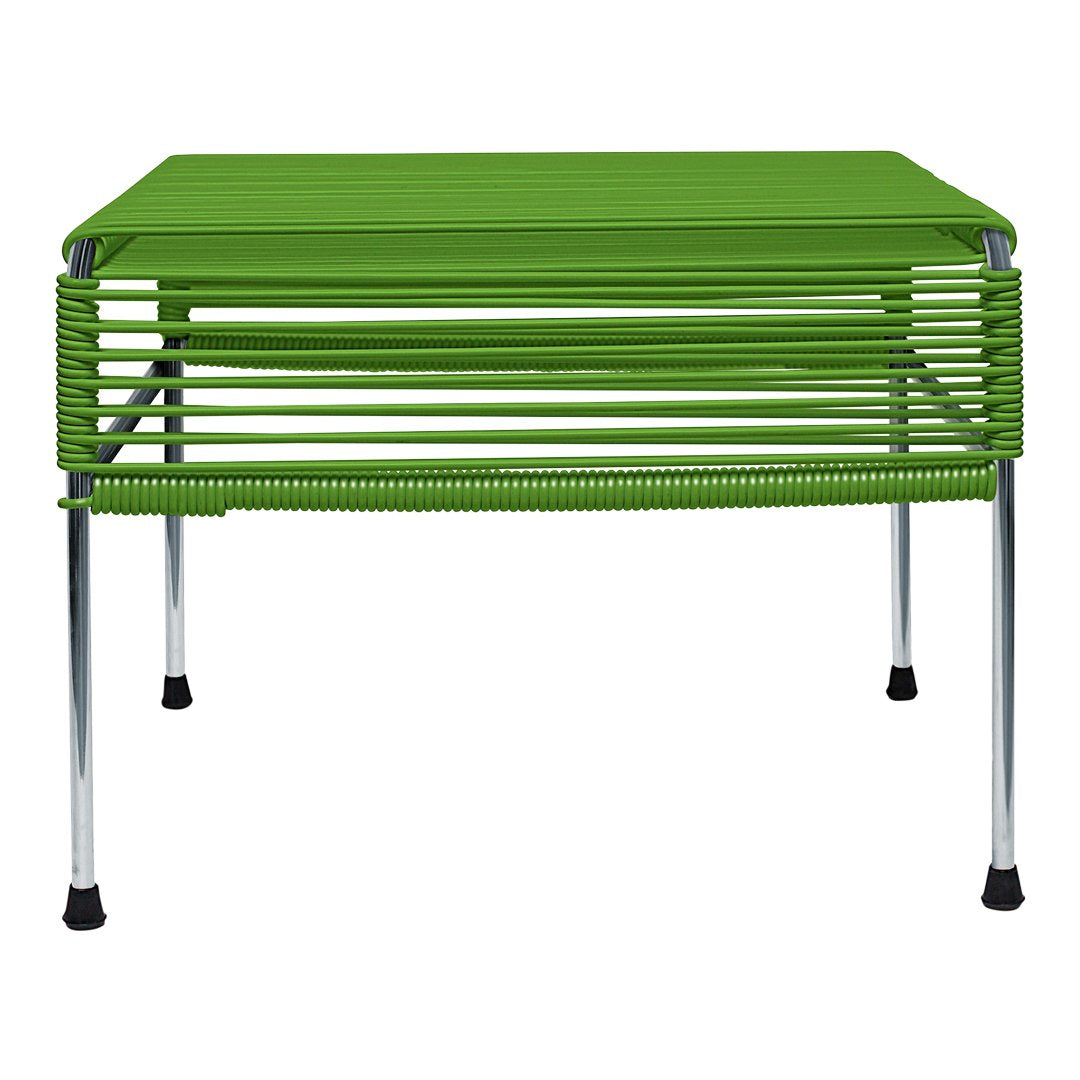 Green modern side table with a sleek striped design and chrome legs. Perfect for contemporary decor.