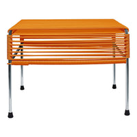 Bright orange slatted top table with sleek chrome legs, perfect for modern decor. Ideal for vibrant living spaces.