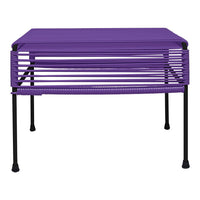 Purple striped table with sleek black legs, ideal for modern decor and outdoor settings.