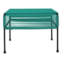 Teal metal coffee table with sleek lines and a minimalist design, featuring a striped pattern in a modern style.