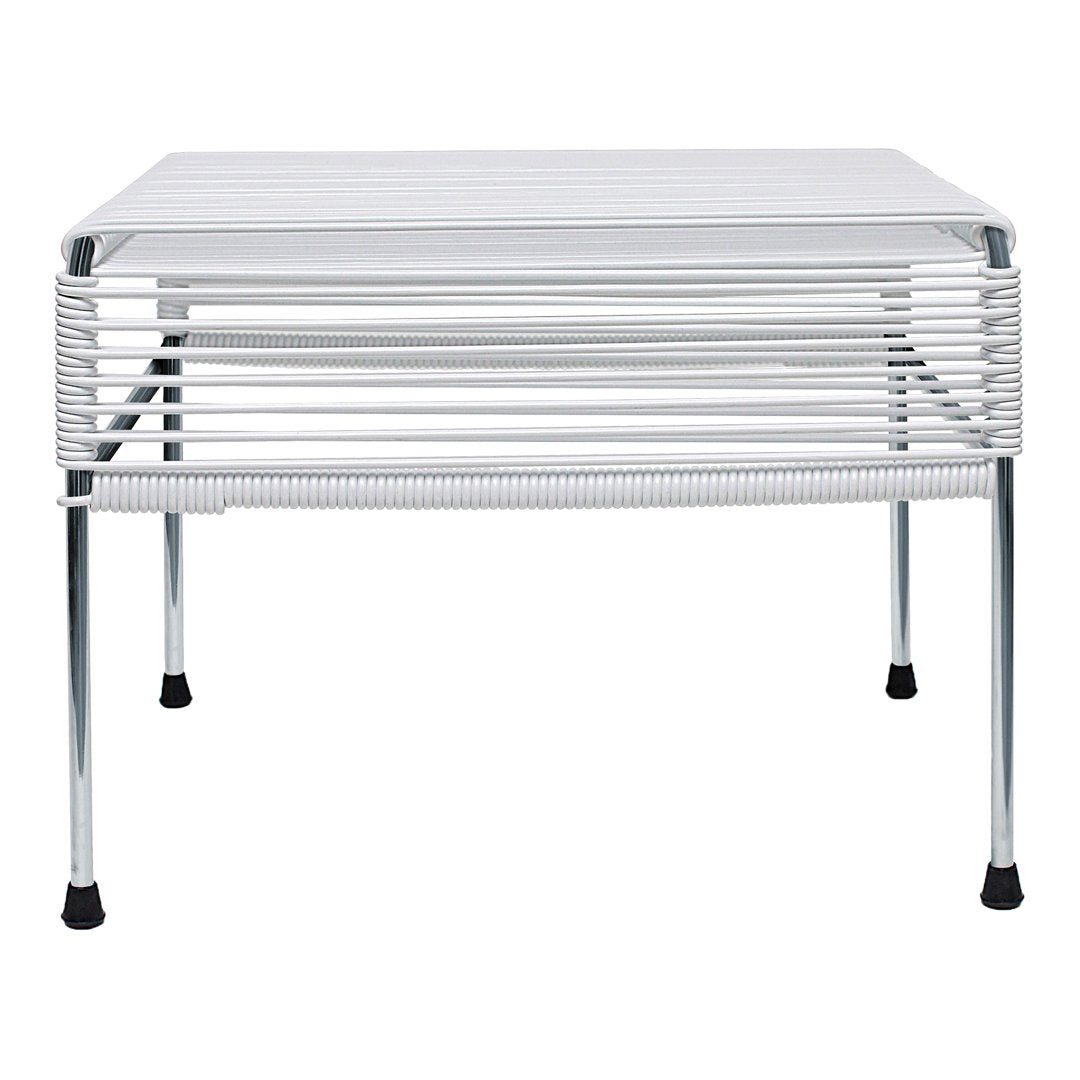 White wire shelf table with chrome legs and sleek, modern design, featuring horizontal slats for a contemporary look.