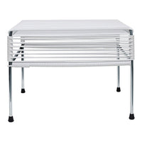 White wire shelf table with chrome legs and sleek, modern design, featuring horizontal slats for a contemporary look.
