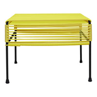 Yellow slatted tabletop with black legs, modern design showcasing a vibrant, contemporary aesthetic.