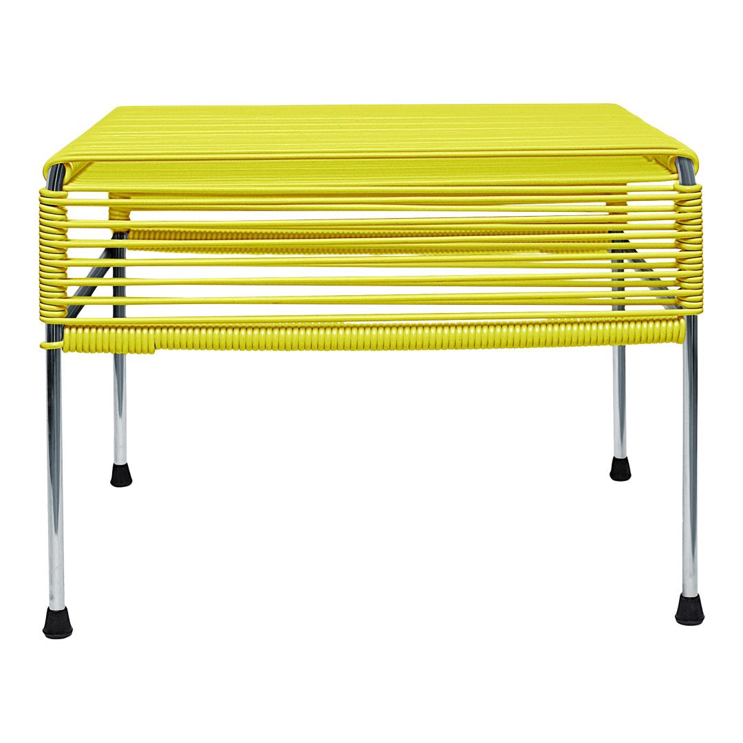 Bright yellow slatted tabletop with sleek chrome legs, perfect for modern decor. Ideal for outdoor or indoor use.