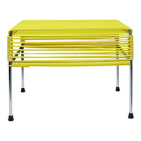 Bright yellow slatted tabletop with sleek chrome legs, perfect for modern decor. Ideal for outdoor or indoor use.