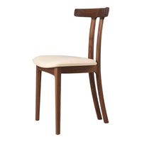 Walnut wood chair with a smooth beige seat, featuring clean lines and a minimalistic design. Perfect for modern decor.