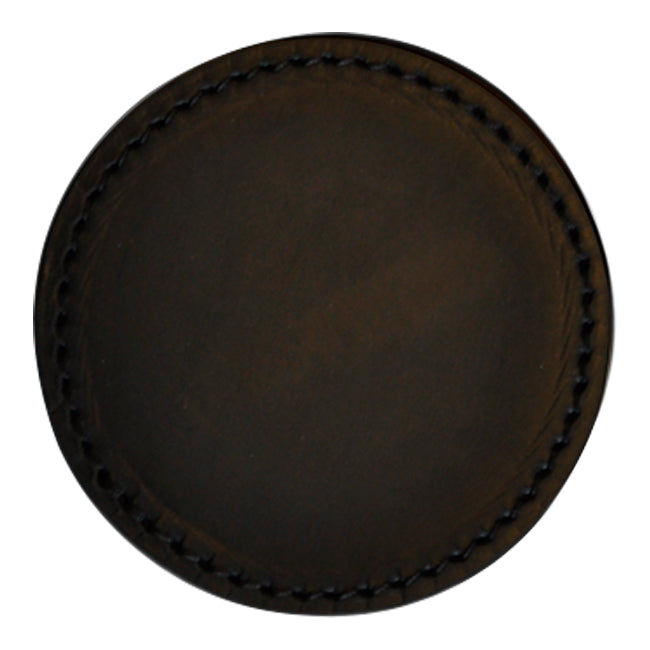 Brown leather coaster with subtle stitching, featuring a smooth, matte finish and a classic round design.