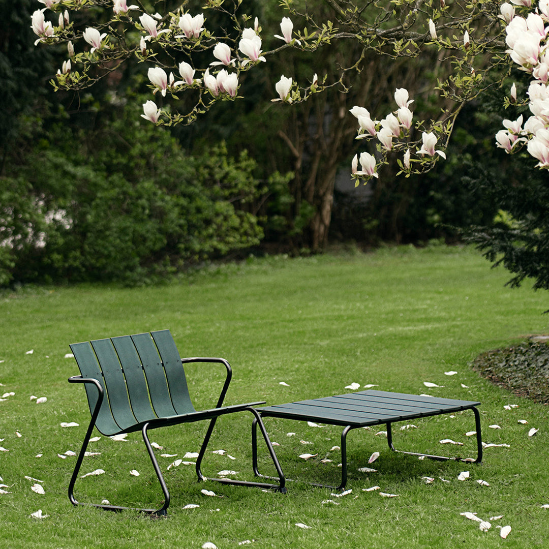 Dark green striped patio chairs on a grassy lawn, surrounded by blooming magnolia flowers.