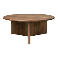 Round wooden coffee table featuring a rich walnut finish and vertical striped base for a modern aesthetic.