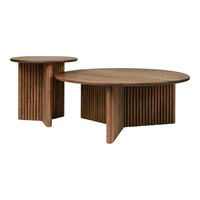 Wooden coffee table set featuring a rich, brown finish with vertical ribbed patterns for a modern look.