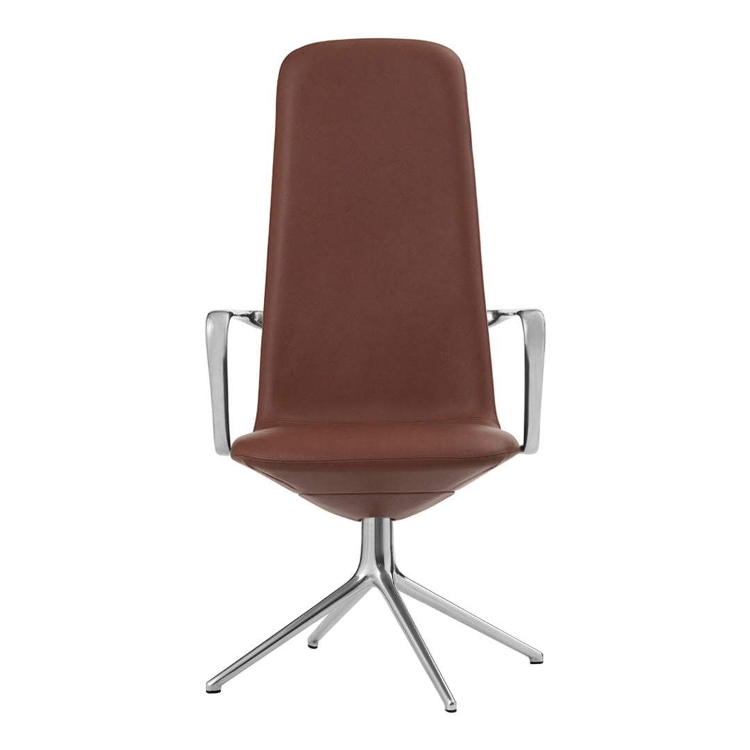 Brown leather high-back chair with sleek chrome arms and base, perfect for modern interiors.