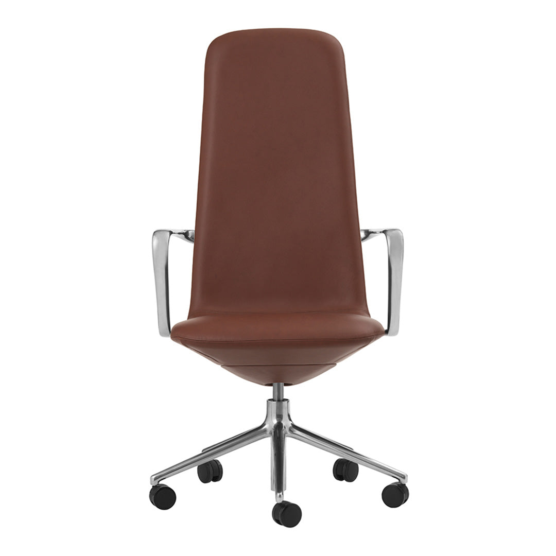 Brown modern office chair with a sleek, high back and chrome accents on a rolling base.