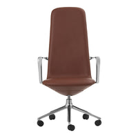 Brown modern office chair with a sleek, high back and chrome accents on a rolling base.