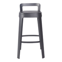Gray metal bar stool with a sleek design and minimalist pattern, perfect for modern decor.