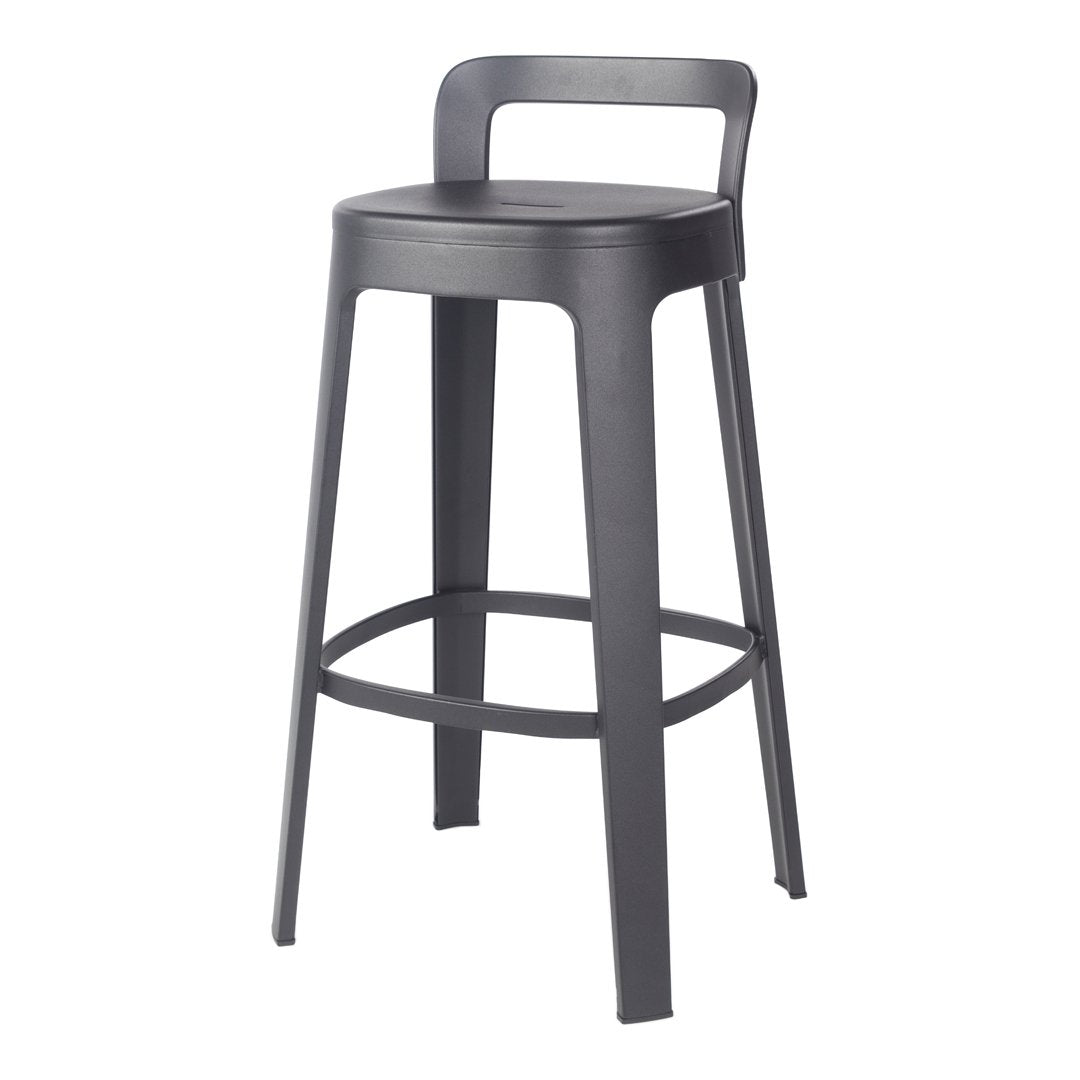 Modern black bar stool with a sleek matte finish and minimalist design, perfect for contemporary settings.