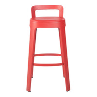 Red metal bar stool with clean lines and a minimalist design. Perfect for modern or industrial decor.