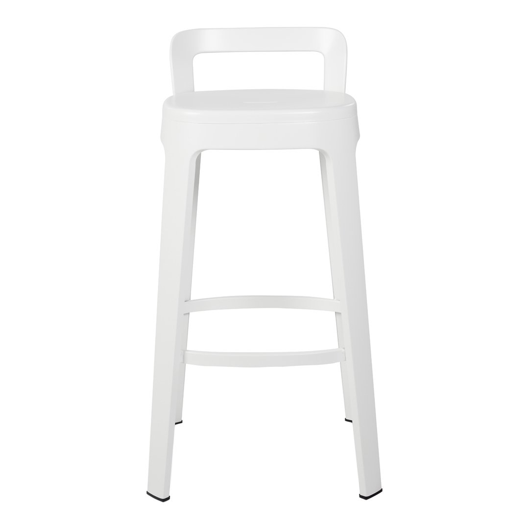 White metal bar stool with a sleek, minimalist design and smooth finish, featuring subtle black accents on the feet.