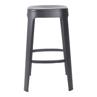 Matte black bar stool with a minimalist design and sleek silhouette, perfect for modern decor.