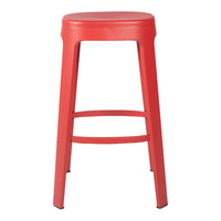 Bright red metal bar stool with a sleek, simple design and a smooth finish, perfect for modern spaces.