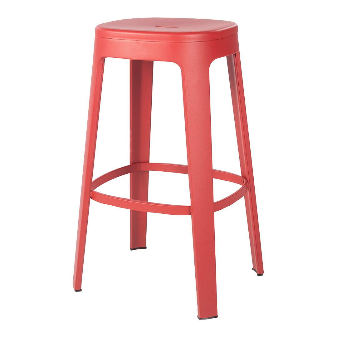 Red metal bar stool with a sleek finish and minimalist design, perfect for modern decor.