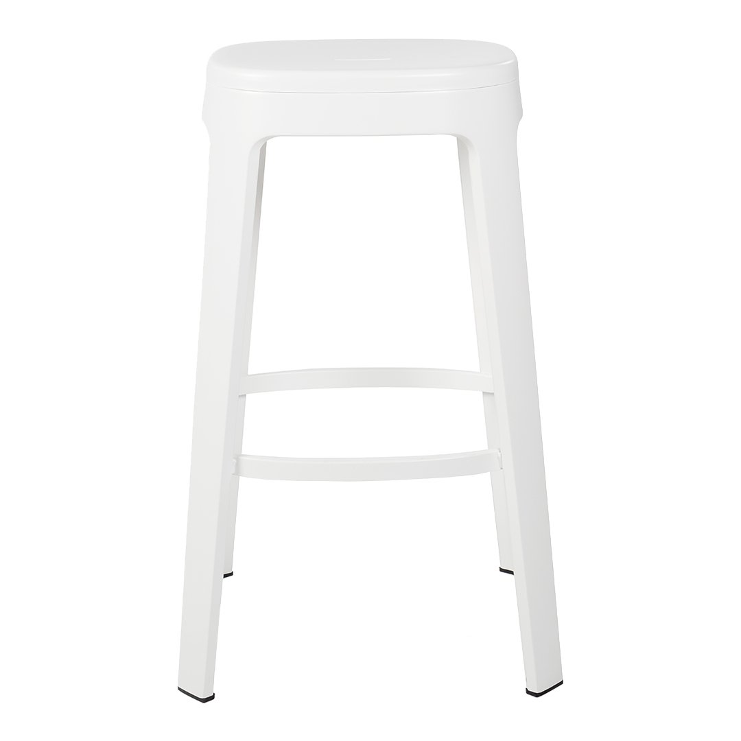 White metal bar stool with a sleek, minimalist design and smooth, glossy finish. Perfect for modern decor.
