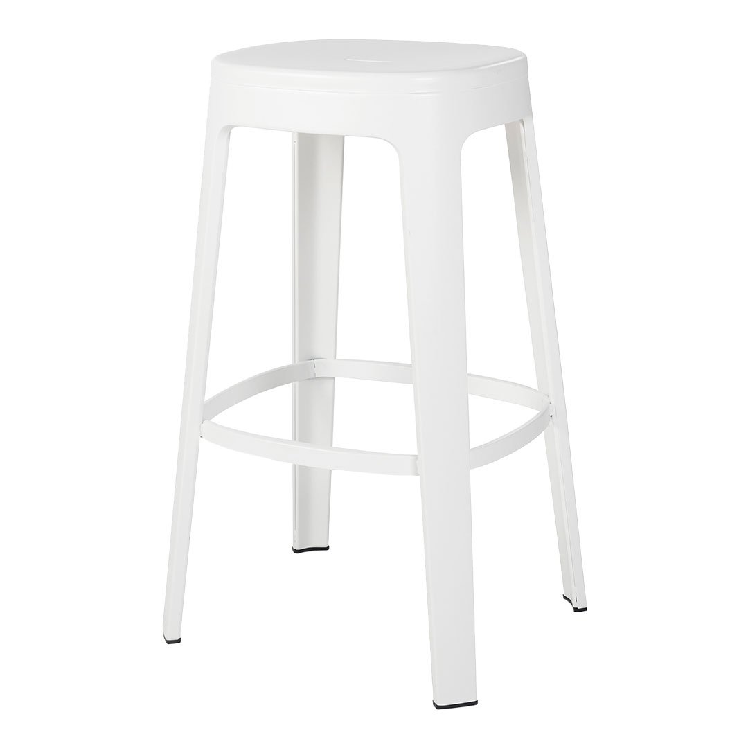 White metal bar stool with a smooth finish and minimalist design, perfect for modern decor.