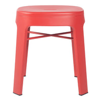 Bright red plastic stool with a smooth finish and modern design, featuring a solid color and minimalist aesthetic.