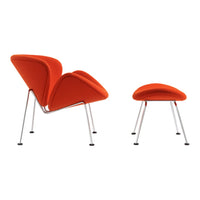 Vibrant orange chair and matching ottoman with sleek chrome legs, featuring smooth, modern curves.