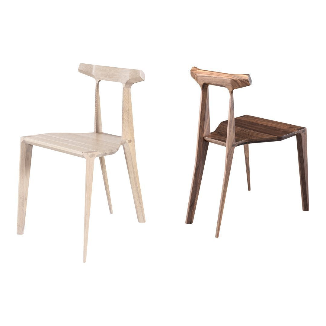 Light beige and rich walnut wood chairs, showcasing minimalist design with a smooth, natural finish.