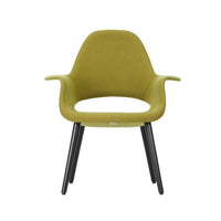 Olive green armchair with smooth upholstery and black wooden legs, featuring a minimalist and modern design.