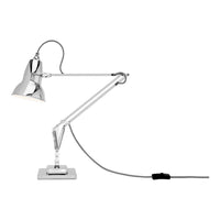 Sleek chrome desk lamp with a polished finish and minimalistic design, featuring clean lines and an articulated arm.
