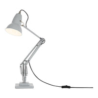 Gray adjustable desk lamp with a sleek metallic finish and contrasting white shade, featuring a minimalist design.