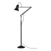 Black adjustable floor lamp with a sleek metal design and a round base, perfect for modern decor.
