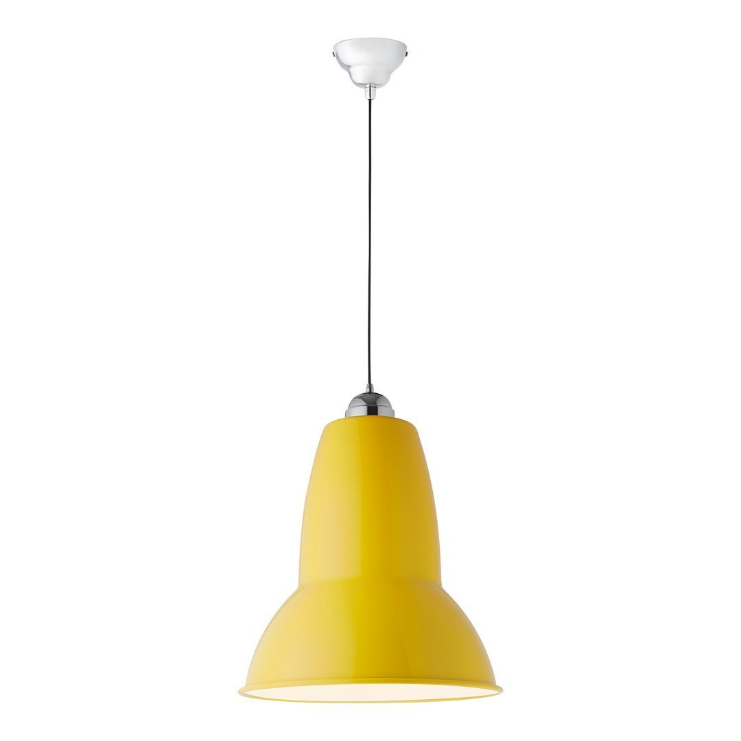 Bright yellow pendant lamp with a sleek, modern design and glossy finish. Ideal for vibrant interior décor.