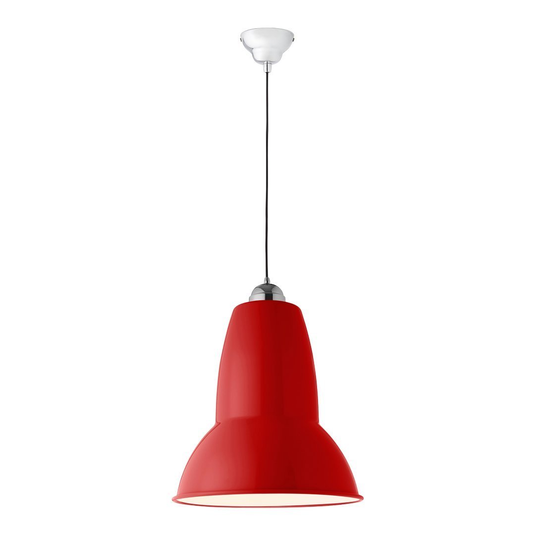 Red pendant lamp with a sleek design and smooth finish, featuring a contrasting white ceiling mount.