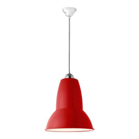 Red pendant lamp with a sleek design and smooth finish, featuring a contrasting white ceiling mount.