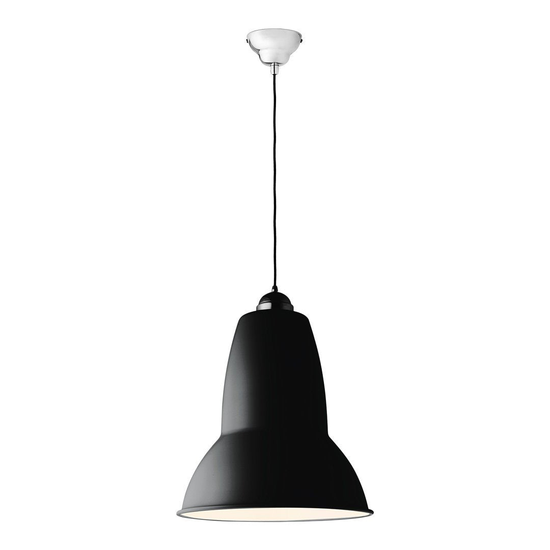 Black pendant lamp with a sleek, modern design and smooth finish, featuring a white interior for effective lighting.