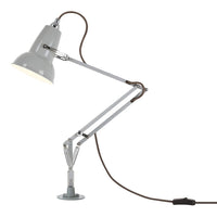 Gray adjustable desk lamp with a metallic finish and brown fabric-covered cord, featuring a sleek modern design.