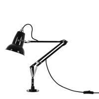 Black desk lamp with a sleek, modern design and chrome accents, featuring a flexible arm for adjustable lighting.
