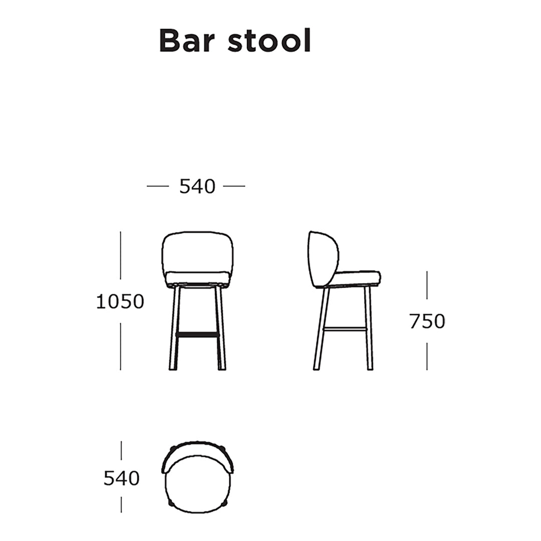 "Bar stool design with smooth curves and clean lines in a minimalist style, available in neutral tones."